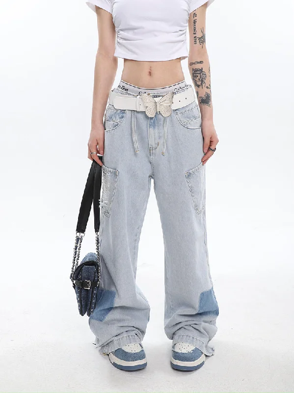 Vincent Vintage Patchwork Denim Blue High Waist Straight Leg Multi-Pocket Baggy Loose Jeans Fashionable Mom Jeans Vincent Vintage Patchwork Denim Blue High Waist Straight Leg Multi-Pocket Baggy Loose Jeans Fashionable Mom Jeans