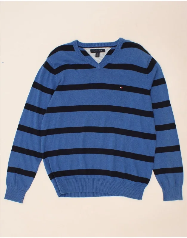 TOMMY HILFIGER Mens V-Neck Jumper Sweater Large Blue Striped Cotton Faux Fur Fabric Real Fur Fabric Shearling Fabric TOMMY HILFIGER Mens V-Neck Jumper Sweater Large Blue Striped Cotton Faux Fur Fabric Real Fur Fabric Shearling Fabric