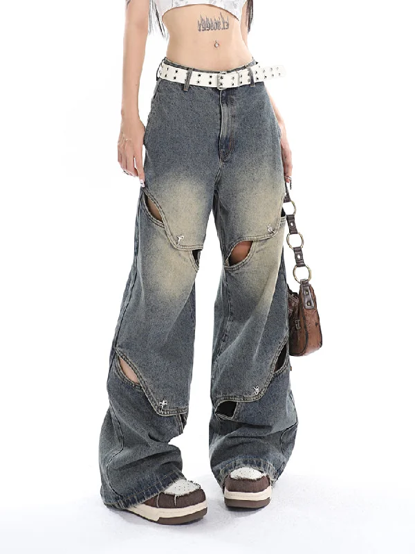 Connor Denim Blue Washed Cut Out Button High Waist Straight Leg Baggy Jeans Pants Comfortable Zip-Fly Denim Jeans Connor Denim Blue Washed Cut Out Button High Waist Straight Leg Baggy Jeans Pants Comfortable Zip-Fly Denim Jeans