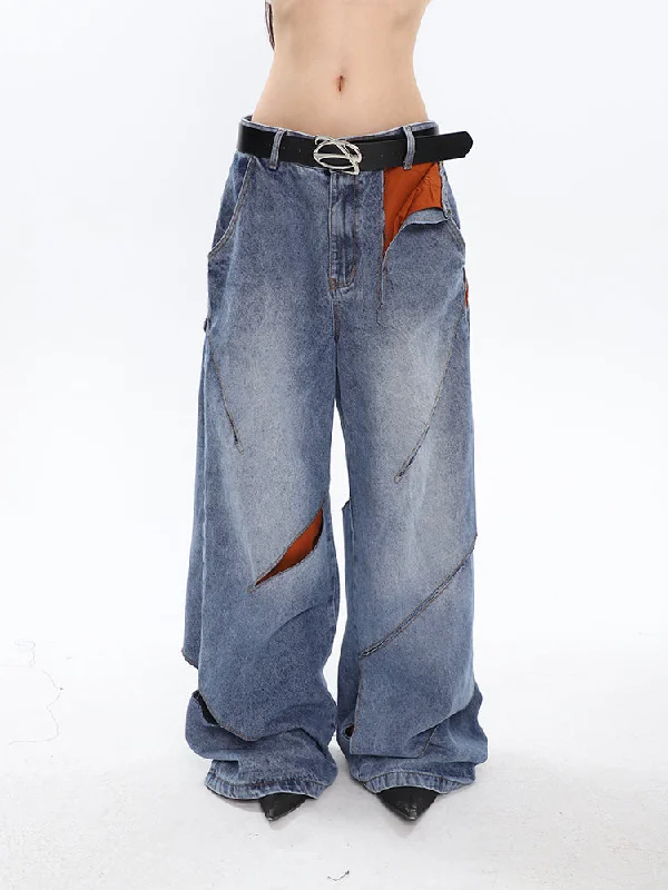 Selene Denim Blue Double Layer Red Irregular Ripped Washed Straight Leg Jeans Pants Fashionable Bootcut Jeans Selene Denim Blue Double Layer Red Irregular Ripped Washed Straight Leg Jeans Pants Fashionable Bootcut Jeans
