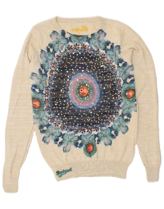 DESIGUAL Womens Crew Neck Jumper Sweater UK 10 Small Beige Floral Cotton Seamless Knitted Crochet DESIGUAL Womens Crew Neck Jumper Sweater UK 10 Small Beige Floral Cotton Seamless Knitted Crochet