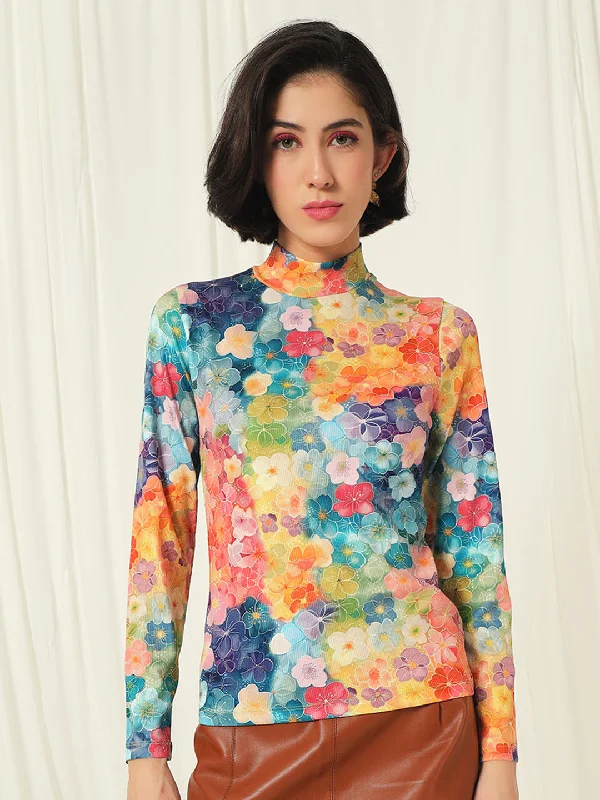 TANDUL  Women Floral Print High Neck Multicolor Sweater Lightweight Heavyweight Midweight