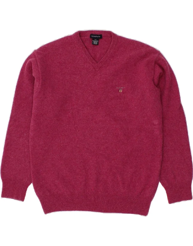 GANT Mens V-Neck Jumper Sweater XL Pink Lambswool Fleece Sweater Nylon Polyester