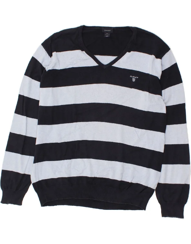 GANT Mens V-Neck Jumper Sweater 2XL Navy Blue Striped Cotton Slim Fit Regular Fit Oversized GANT Mens V-Neck Jumper Sweater 2XL Navy Blue Striped Cotton Slim Fit Regular Fit Oversized