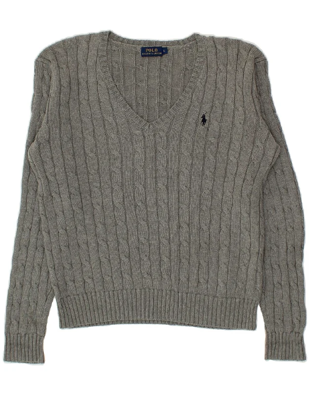 POLO RALPH LAUREN Womens V-Neck Jumper Sweater UK 16 Large Grey Cotton Oversized Loose Flowy POLO RALPH LAUREN Womens V-Neck Jumper Sweater UK 16 Large Grey Cotton Oversized Loose Flowy