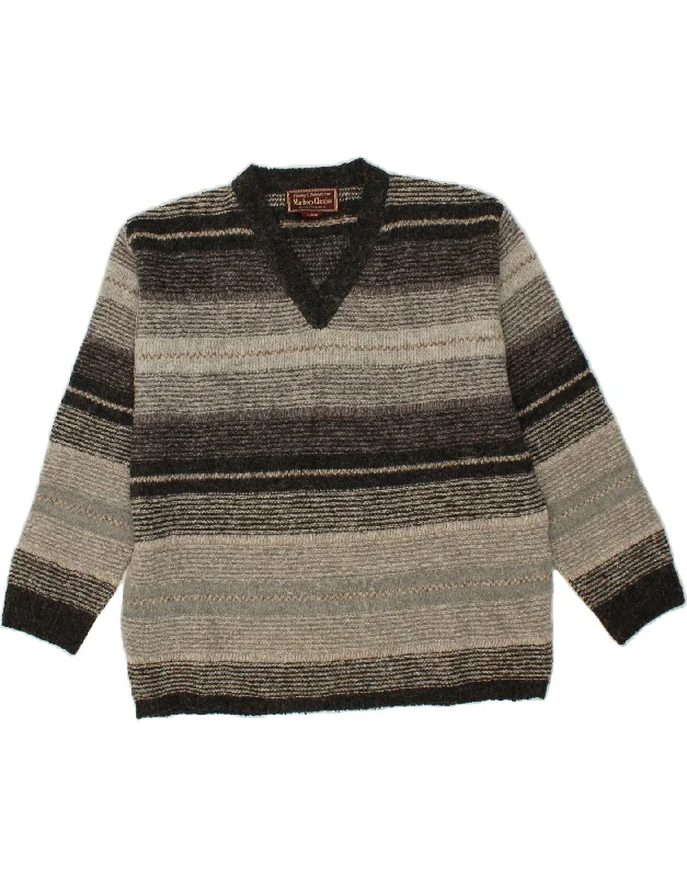 MARLBORO CLASSICS Mens V-Neck Jumper Sweater Large Grey Striped Wool Transparent Opaque Sheer MARLBORO CLASSICS Mens V-Neck Jumper Sweater Large Grey Striped Wool Transparent Opaque Sheer