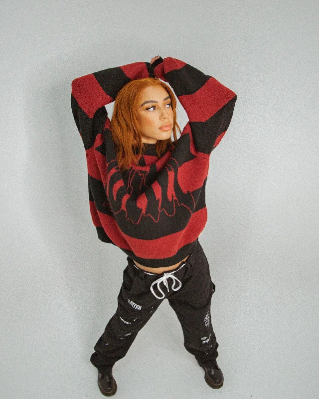 Loiter Nightmare Knit Sweater Red/Black Graphic Sweater Embroidered Appliqued