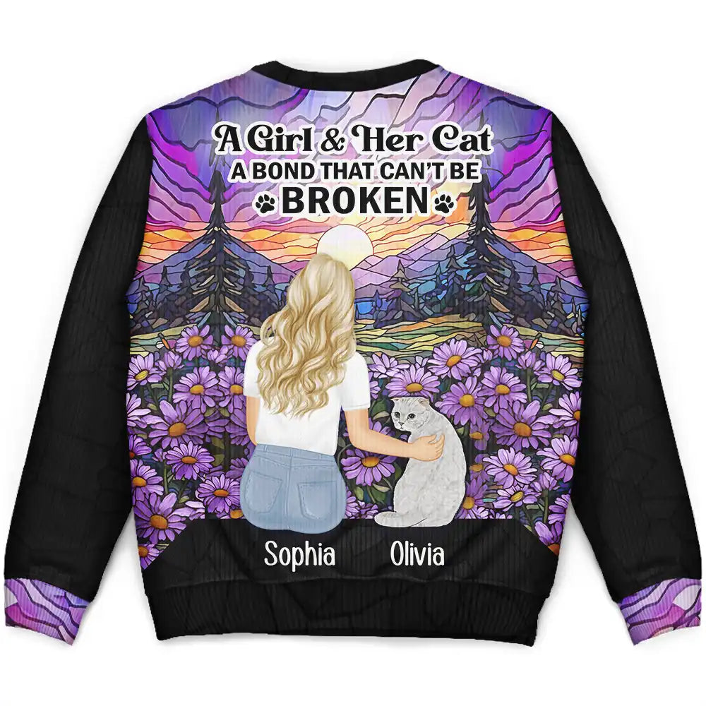 Flower Field A Girl And Her Dog And Cat - Personalized Unisex Ugly Sweater Solid Color Striped Floral Print