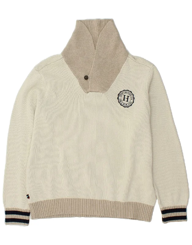 TOMMY HILFIGER Mens Shawl Neck Jumper Sweater XL Off White Cotton Hooded Sweater Collared Sweater Shawl Collar