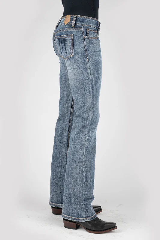 WOMENS BLUE EMBROIDERY BACK POCKET JEANS Elegant High-Waisted Flared Jeans