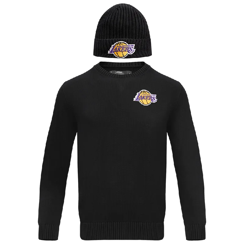 NBA LOS ANGELES LAKERS KNIT BOX SET SWEATER & BEANIE COMBO (BLACK) Hooded Sweater Collared Sweater Shawl Collar