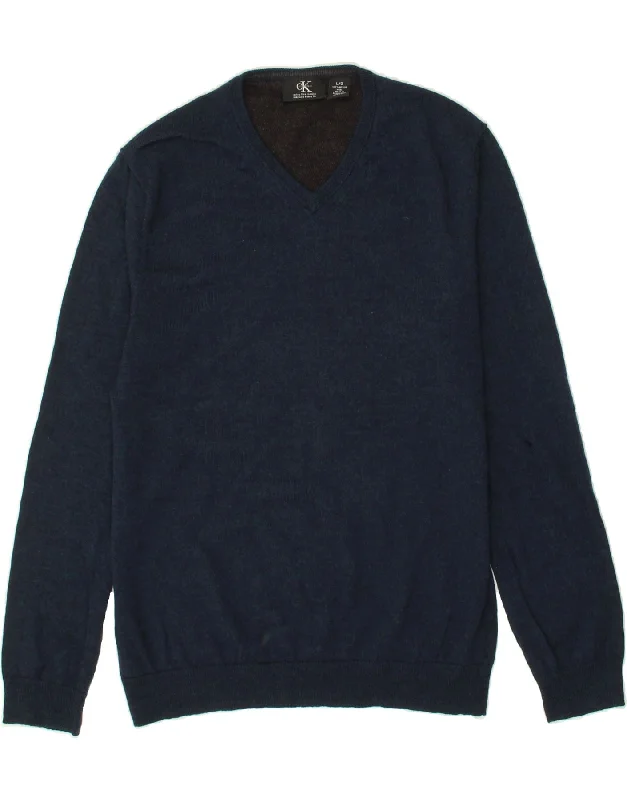 CALVIN KLEIN Mens V-Neck Jumper Sweater Large Navy Blue Merino Wool Neon Metallic Matte CALVIN KLEIN Mens V-Neck Jumper Sweater Large Navy Blue Merino Wool Neon Metallic Matte