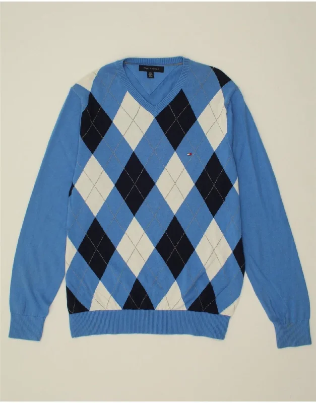 TOMMY HILFIGER Mens V-Neck Jumper Sweater Large Blue Argyle/Diamond Cotton Handmade Hand-knitted Hand-woven TOMMY HILFIGER Mens V-Neck Jumper Sweater Large Blue Argyle/Diamond Cotton Handmade Hand-knitted Hand-woven