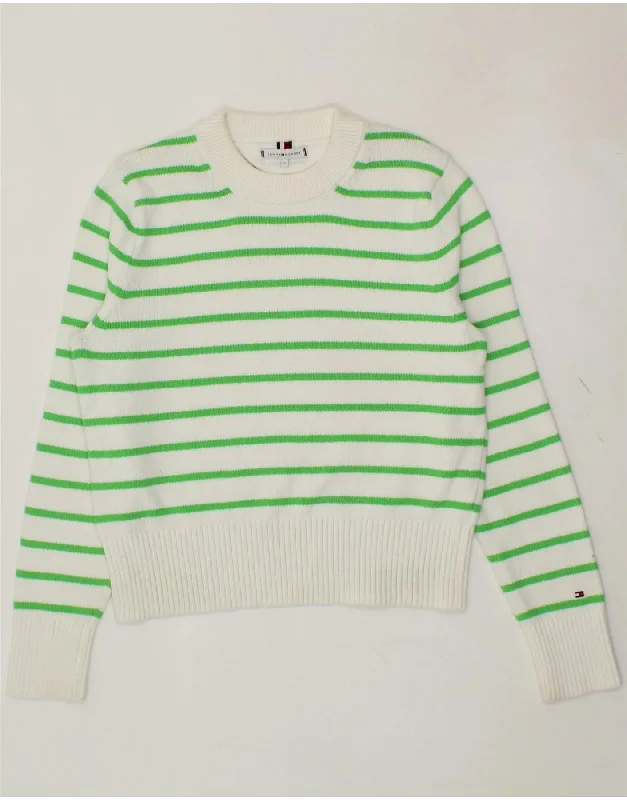TOMMY HILFIGER Womens Crew Neck Jumper Sweater UK 14 Medium White Striped Fleece Sweater Nylon Polyester TOMMY HILFIGER Womens Crew Neck Jumper Sweater UK 14 Medium White Striped Fleece Sweater Nylon Polyester