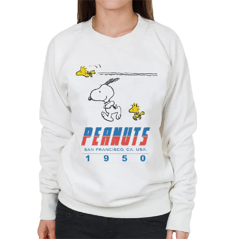 Peanuts Snoopy Woodstock 1950s San Francisco Women's Sweatshirt Hoodie with Pastel Soft Subtle Peanuts Snoopy Woodstock 1950s San Francisco Women's Sweatshirt Hoodie with Pastel Soft Subtle