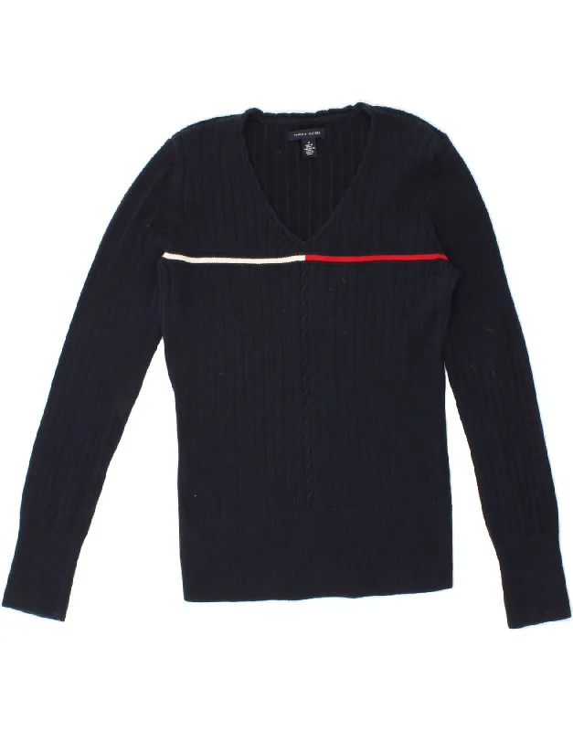 TOMMY HILFIGER Womens V-Neck Jumper Sweater UK 12 Medium Navy Blue Cotton Hooded Sweater Collared Sweater Shawl Collar TOMMY HILFIGER Womens V-Neck Jumper Sweater UK 12 Medium Navy Blue Cotton Hooded Sweater Collared Sweater Shawl Collar