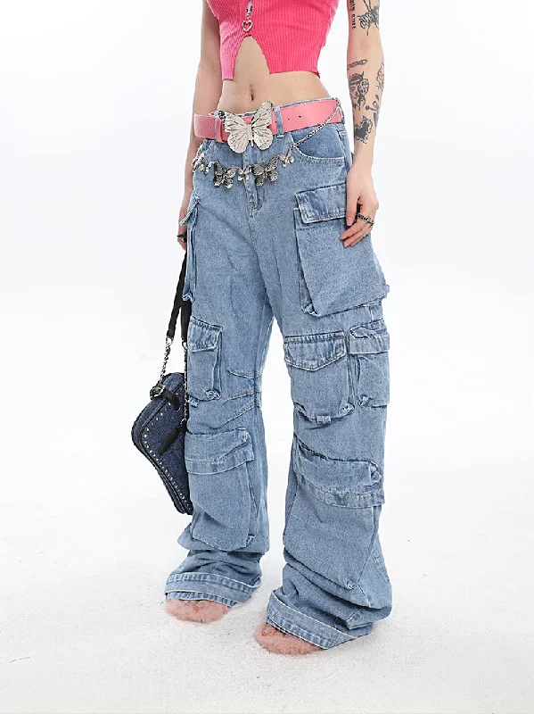 Cory Denim Blue Vintage Multi Pocket Wide Leg High Waist Jeans Cargo Pants Comfortable Low-Rise Jeans Cory Denim Blue Vintage Multi Pocket Wide Leg High Waist Jeans Cargo Pants Comfortable Low-Rise Jeans