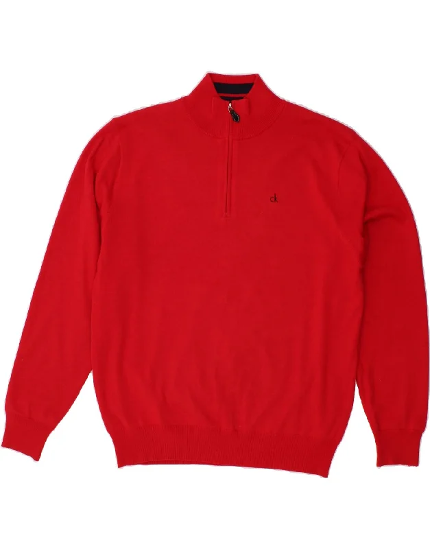 CALVIN KLEIN Mens Zip Neck Jumper Sweater Large Red Cotton Mesh Sweater Canvas Denim CALVIN KLEIN Mens Zip Neck Jumper Sweater Large Red Cotton Mesh Sweater Canvas Denim