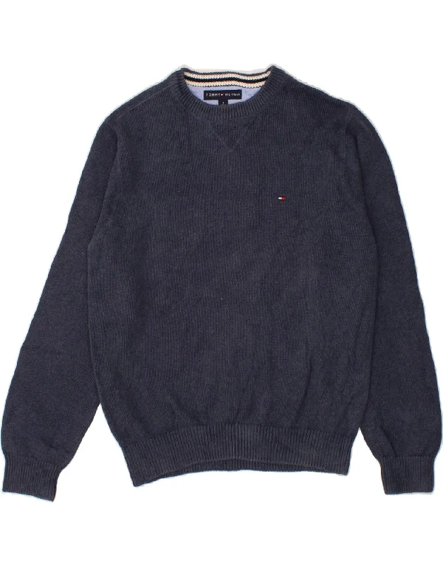 TOMMY HILFIGER Mens Crew Neck Jumper Sweater Medium Navy Blue Cotton Faux Fur Fabric Real Fur Fabric Shearling Fabric