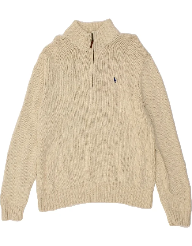 POLO RALPH LAUREN Mens Zip Neck Jumper Sweater XL Beige Cotton Denim Fabric Leather Fabric Suede Fabric POLO RALPH LAUREN Mens Zip Neck Jumper Sweater XL Beige Cotton Denim Fabric Leather Fabric Suede Fabric