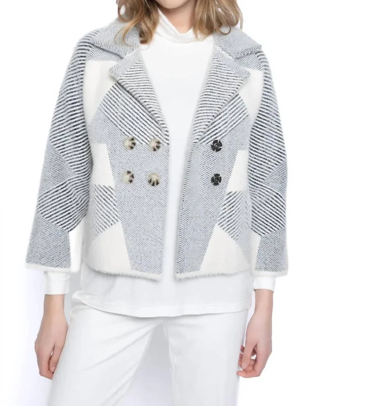 Double-Breasted Sweater Jacket In Grey/off-White Graphic Sweater Embroidered Appliqued Double-Breasted Sweater Jacket In Grey/off-White Graphic Sweater Embroidered Appliqued