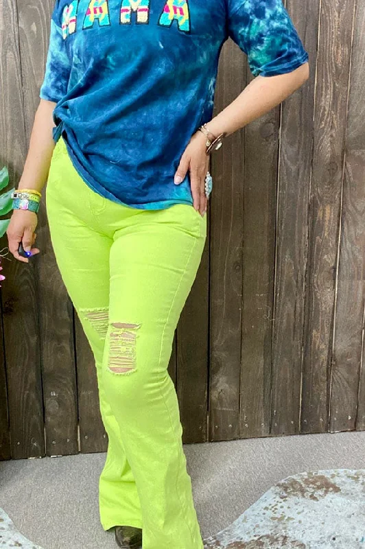 Neon green distressed bell bottoms women jeans Classic Button Fly Jeans