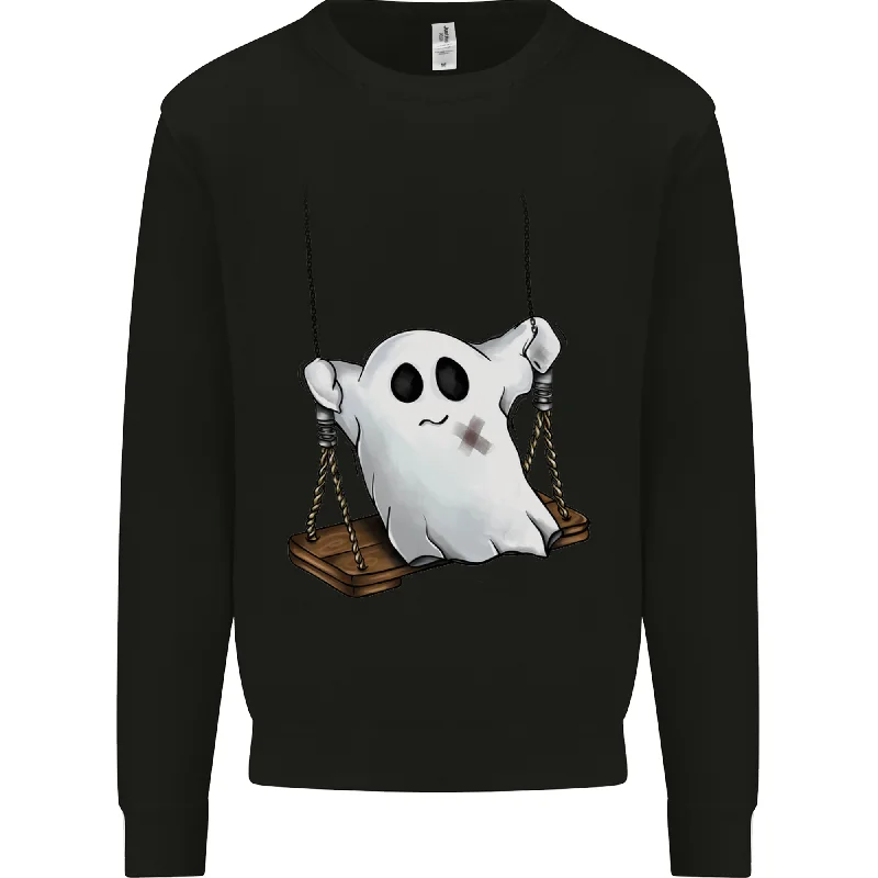 A Ghost on a Swing Halloween Funny Spirit Mens Sweatshirt Jumper Hoodie with Longline Fit Extended Stylish