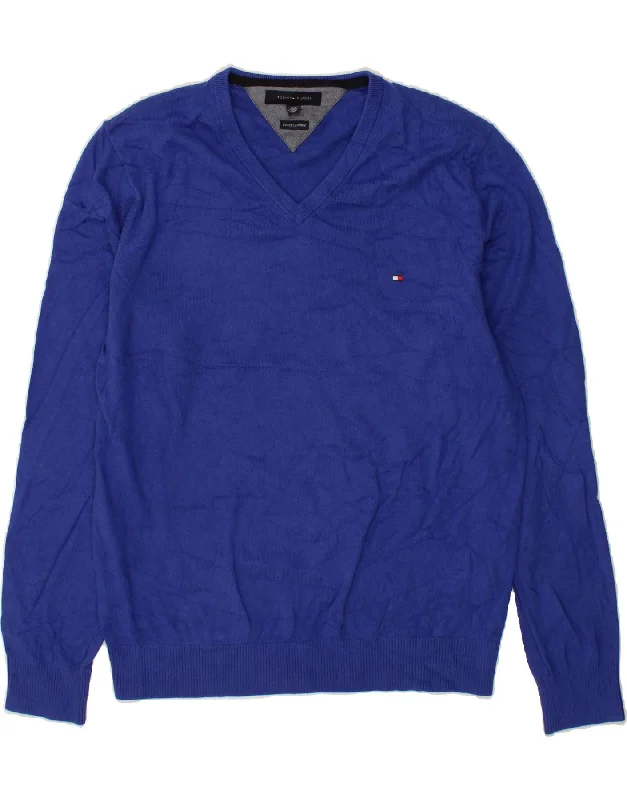 TOMMY HILFIGER Mens V-Neck Jumper Sweater XL Blue Cotton Mesh Sweater Canvas Denim