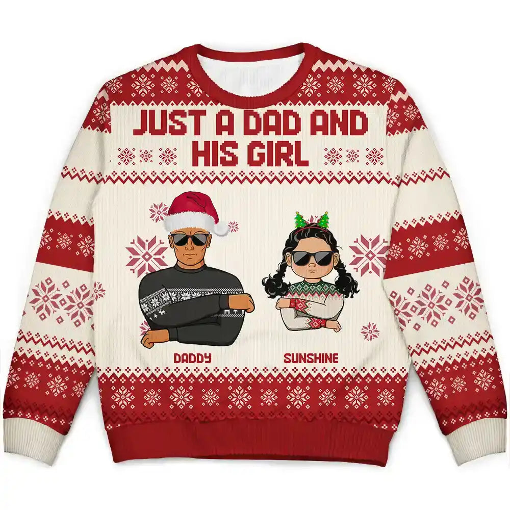 Christmas Just A Dad And His Girl - Personalized Unisex Ugly Sweater Front Pockets Side Pockets Patch Pockets