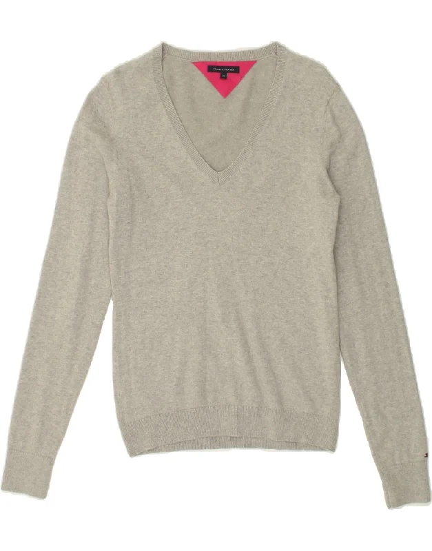TOMMY HILFIGER Womens V-Neck Jumper Sweater UK 12 Medium Grey Cotton Spandex Blend Rayon Blend Denim Blend