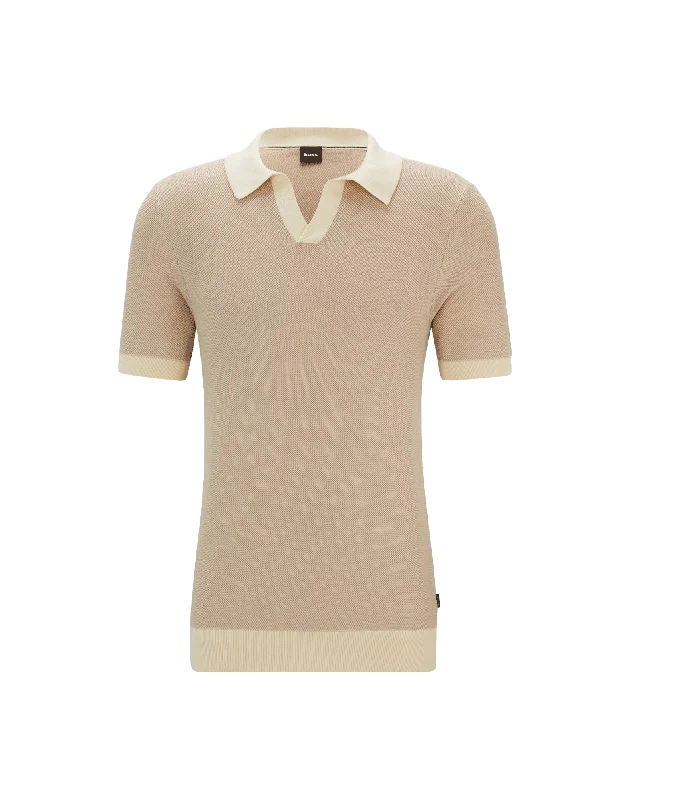 Cotton-blend Polo Sweater With Open Collar - Beige Elasticated Padded Insulated