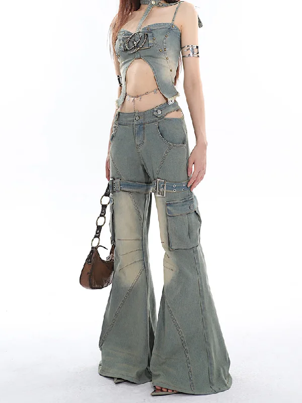 Natalia Washed Denim Blue Vintage Cut Out Openwork Stretchy Skinny High Waist Flare Jeans Pants Fashionable Raw Edge Jeans Natalia Washed Denim Blue Vintage Cut Out Openwork Stretchy Skinny High Waist Flare Jeans Pants Fashionable Raw Edge Jeans