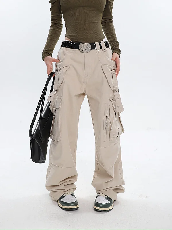 Isabelle Solid Color Multi Pocket Straps Cargo Denim Jeans Pants Comfortable Drawstring Waist Jeans