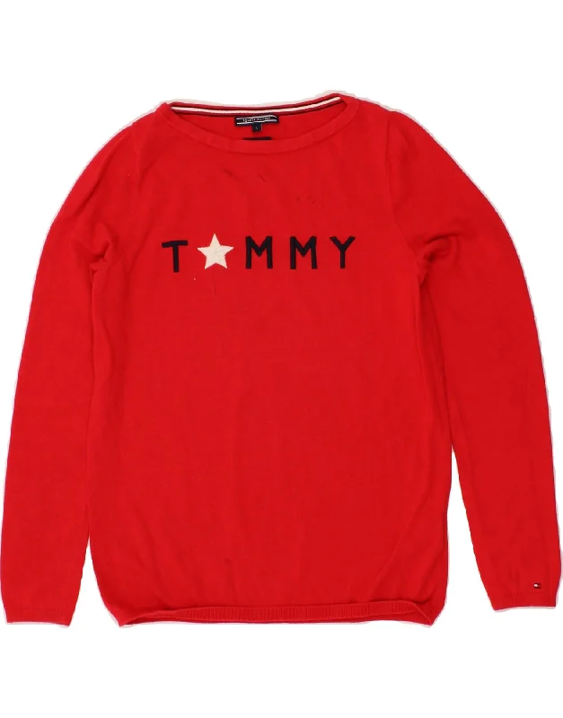 TOMMY HILFIGER Womens Graphic Boat Neck Jumper Sweater UK 10 Small Red Stylish Fashionable Trendy TOMMY HILFIGER Womens Graphic Boat Neck Jumper Sweater UK 10 Small Red Stylish Fashionable Trendy