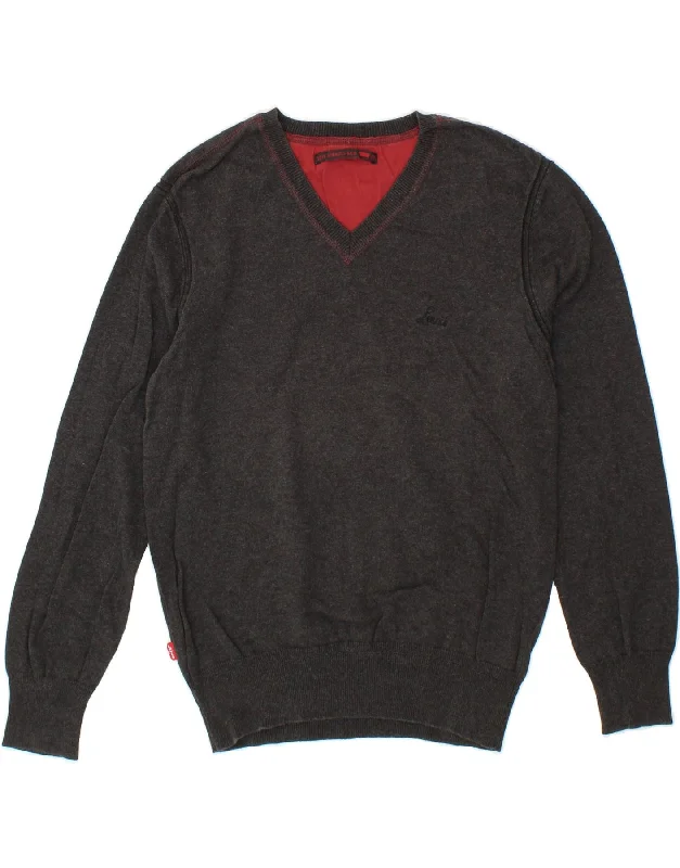 LEVI'S Mens V-Neck Jumper Sweater Medium Grey Cotton Velvet Chenille Corduroy