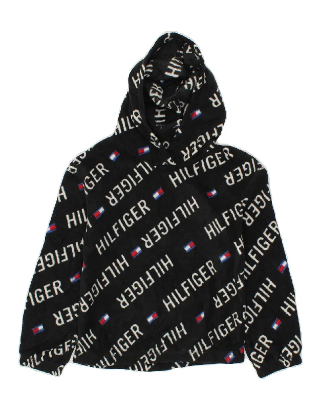 TOMMY HILFIGER Girls Graphic Hooded Fleece Jumper 8-9 Years Medium Black Spandex Blend Rayon Blend Denim Blend TOMMY HILFIGER Girls Graphic Hooded Fleece Jumper 8-9 Years Medium Black Spandex Blend Rayon Blend Denim Blend