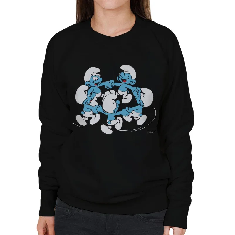 The Smurfs Holding Hands And Dancing Women's Sweatshirt Hoodie with Hem Embroidery Detailed Premium