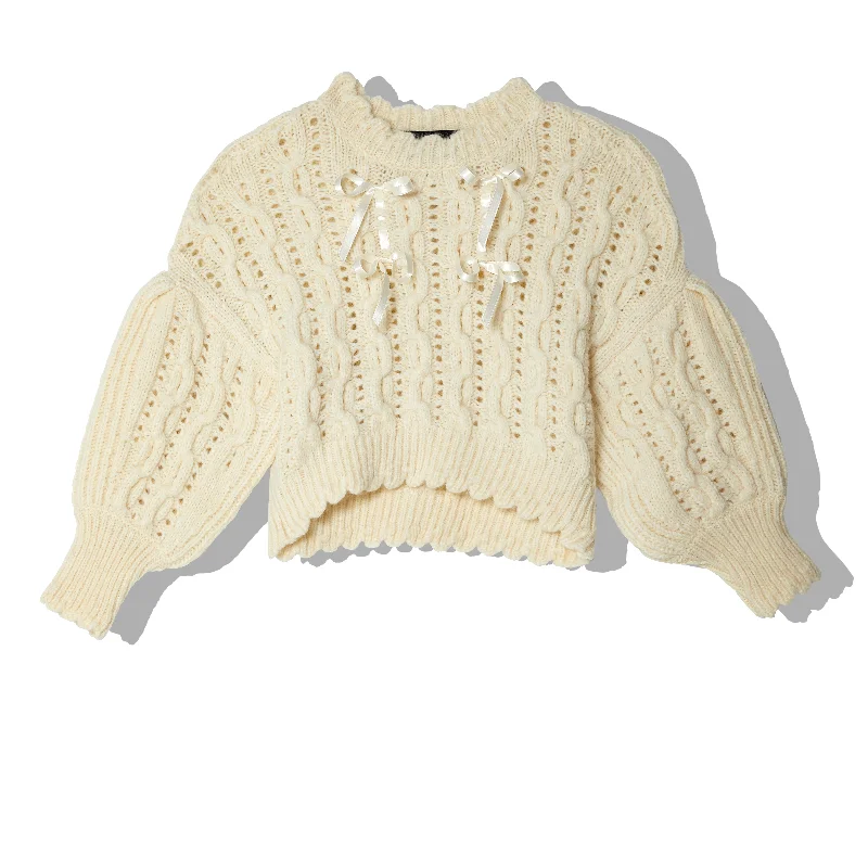 Simone Rocha - Women's Lace Stitch Ribbon Sweater - (Cream) Hooded Sweater Collared Sweater Shawl Collar