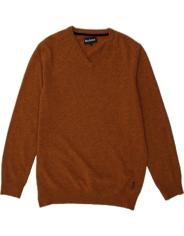 BARBOUR Mens V-Neck Jumper Sweater Large Brown Colourblock Wool Houndstooth Herringbone Solid BARBOUR Mens V-Neck Jumper Sweater Large Brown Colourblock Wool Houndstooth Herringbone Solid