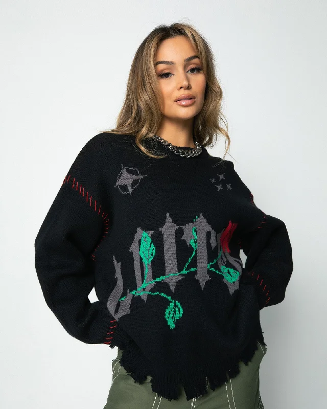 Loiter Fable Distressed Knit Sweater Black Solid Print Embellished