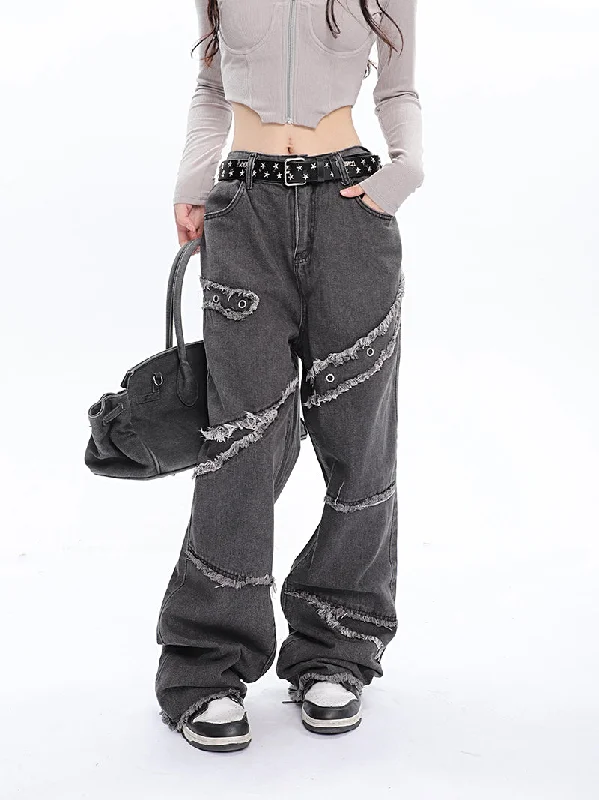 Jack Faux Ripped Patchwork Denim Jeans Straight Leg Pants Trendy Patchwork Denim Jeans Jack Faux Ripped Patchwork Denim Jeans Straight Leg Pants Trendy Patchwork Denim Jeans