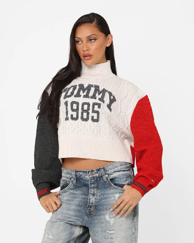 Tommy Jeans Women's Colour-Blocked Cropped Cable Sweater Ancient White/Multi Hooded Caped Shawl Collar