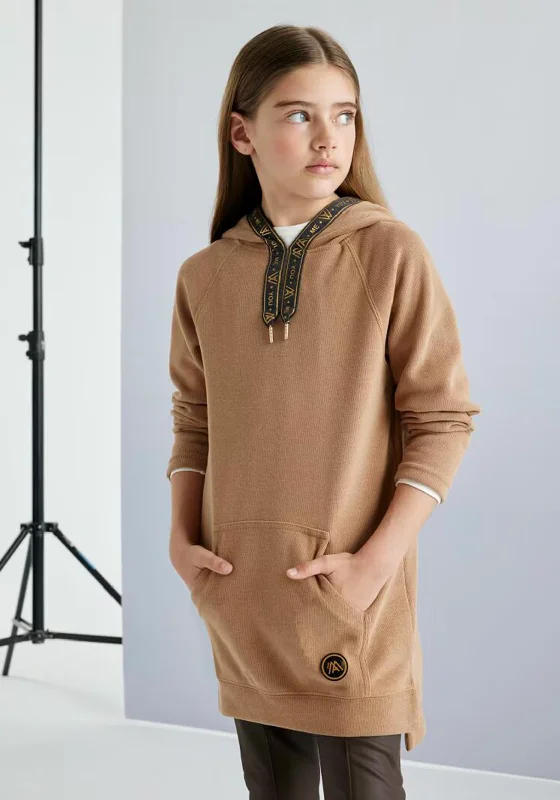Mayoral Older Girl Hooded Jumper Dress, Tan Velvet Chenille Corduroy