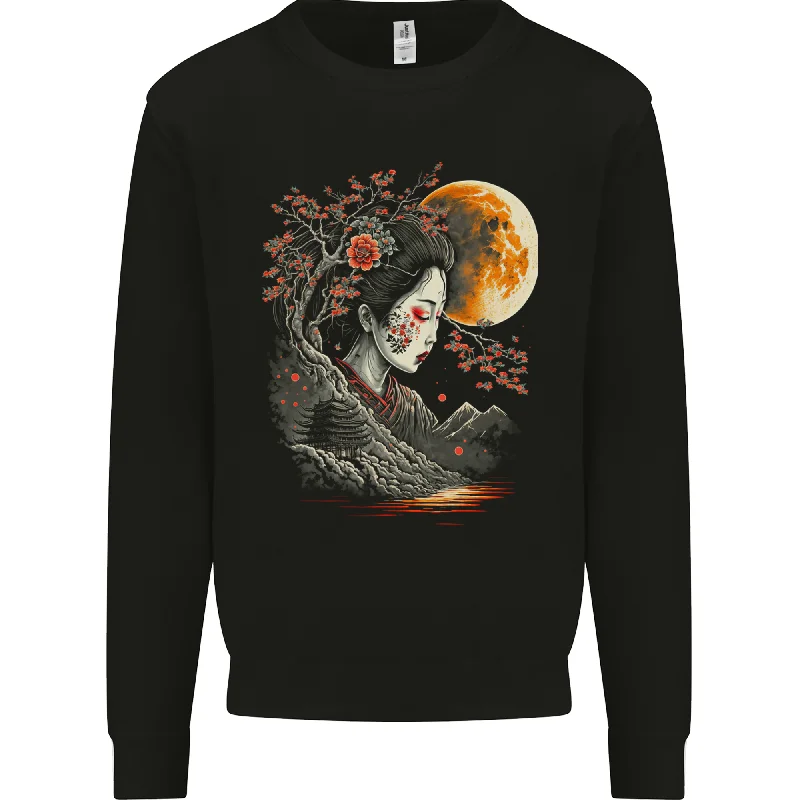 A Geisha Girl Cherry Blossom Moon Fantasy Mens Sweatshirt Jumper Hoodie with Hem Fringe Bohemian Relaxed