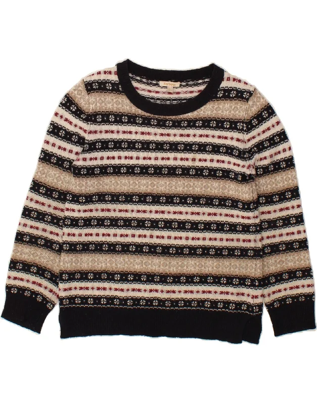 BARBOUR Womens Boat Neck Jumper Sweater UK 10 Small Beige Fair Isle Wool Toggled Drawstring Belted