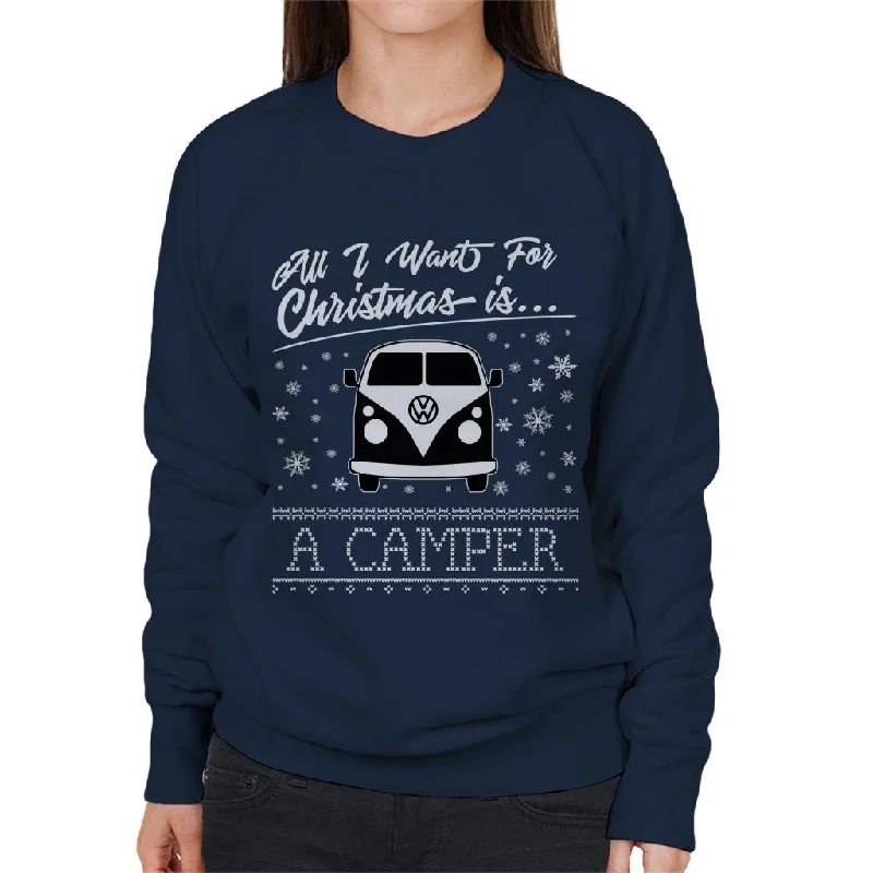 Volkswagen Christmas All I Want For Xmas Is A Camper Women's Sweatshirt Hoodie with Elastic Cuffs Stretchable Comfortable