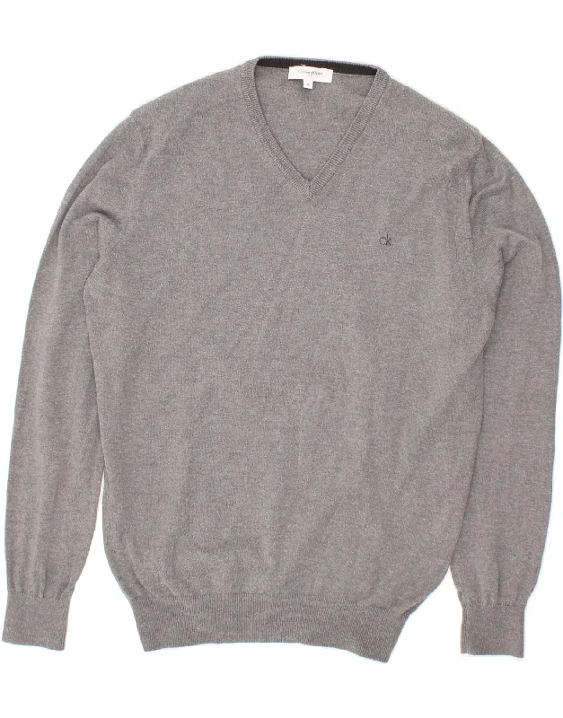 CALVIN KLEIN Mens Golf V-Neck Jumper Sweater Medium Grey Cotton Denim Fabric Leather Fabric Suede Fabric CALVIN KLEIN Mens Golf V-Neck Jumper Sweater Medium Grey Cotton Denim Fabric Leather Fabric Suede Fabric