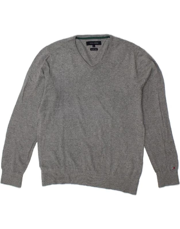 TOMMY HILFIGER Mens V-Neck Jumper Sweater Medium Grey Cotton Mesh Sweater Canvas Denim