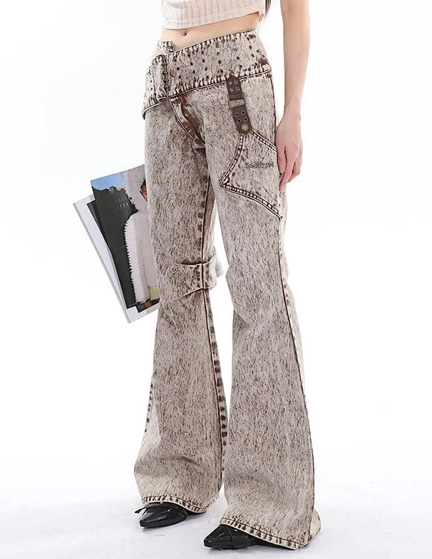 Riella Acid Denim Washed Wide Belt Design Flared High Waist Pleated Jeans Pants Stylish High-Rise Mom Jeans Riella Acid Denim Washed Wide Belt Design Flared High Waist Pleated Jeans Pants Stylish High-Rise Mom Jeans