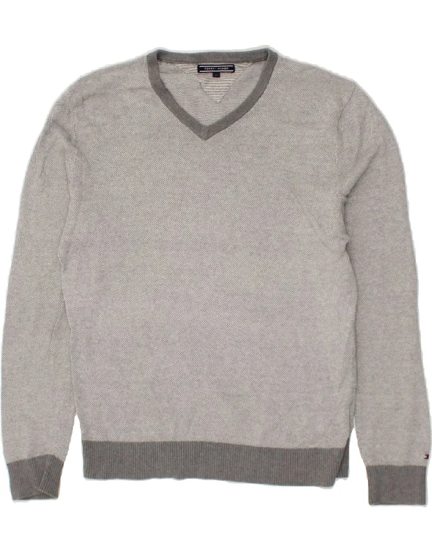 TOMMY HILFIGER Mens V-Neck Jumper Sweater Large Grey Cotton Hooded Sweater Collared Sweater Shawl Collar